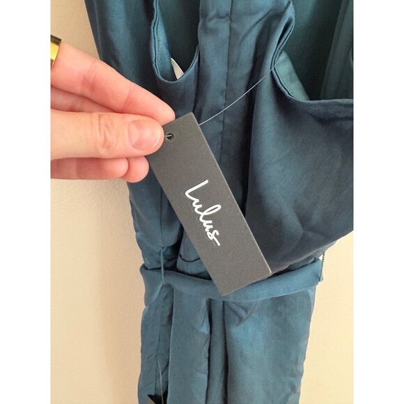Lulus Luxe Vision Satin Halter Wide-Leg Jumpsuit Dark Teal Women’s Medium NWT - Picture 8 of 12